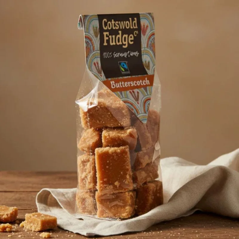 Saco de Butterscotch Fudge sobre um pano de linho numa mesa de madeira, com pedaços de fudge ao lado, ambiente gerado por IA